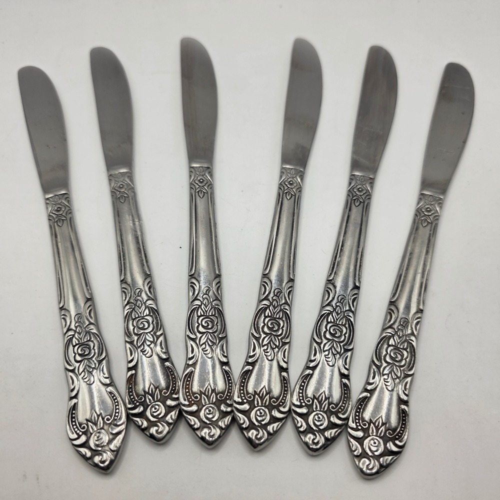 Lustreware Stainless Steel Butter Knives Set of 6 Ornate Rose Pattern Korea